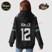 Black quilted hoodie with the name HUNTER and the number 12 in white on the back, plus sleeve stripes and a jaguar logo.!