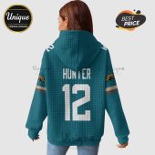 Back of teal hoodie with 