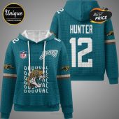Jaguars hoodie with player name 'Hunter', number 12, and Jaguar head graphic. teal, white, and gold colors.!