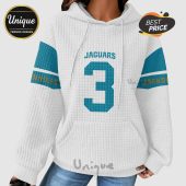 White hoodie with Jaguars, number 3, Jacksonville text on teal and gold stripes on the sleeves.!