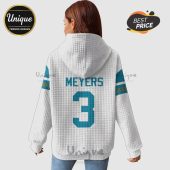 Back of white hoodie with 'MEYERS' and number '3' in teal, plus stripes on sleeves.!