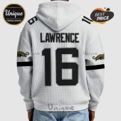 Back of a white waffle-knit hoodie with 'LAWRENCE' and the number '16' printed in black, plus '9' and '11' on the hood.!