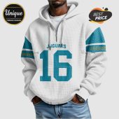 White waffle hoodie with 'Jaguars' text, number 16, and blue/gold arm stripes.!