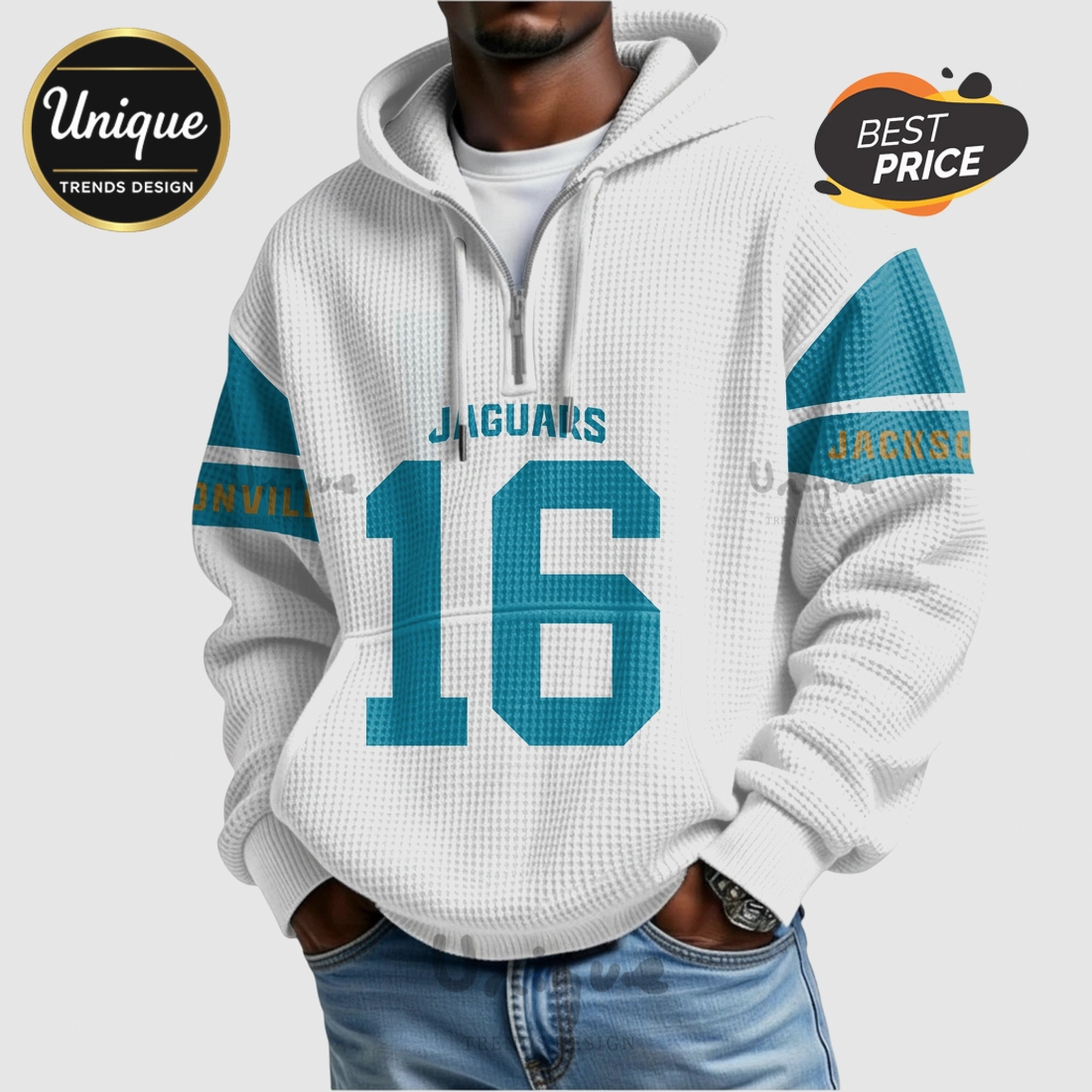 NFL Jacksonville Jaguars Trevor Lawrence 16 Waffle Quarter-Zip Hoodie NFL Jacksonville Jaguars Trevor Lawrence 16 Waffle Quarter-Zip Hoodie