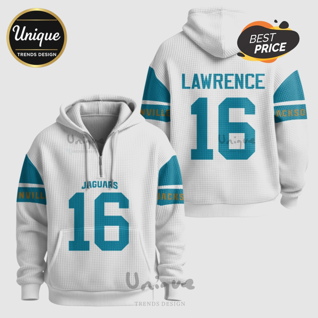 NFL Jacksonville Jaguars Trevor Lawrence 16 Waffle Quarter-Zip Hoodie NFL Jacksonville Jaguars Trevor Lawrence 16 Waffle Quarter-Zip Hoodie