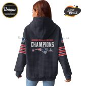 Back of a hoodie with 'American Football Conference CHAMPIONS' text and Patriots logo. Sleeves have red/white stripes.!