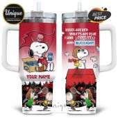 Tumbler featuring Snoopy with Tampa Bay Buccaneers and Bud Light graphics, customizable with 'Your Name'.!