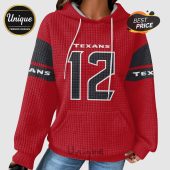 Red quilted hoodie with 'Texans' and number '12' design.!
