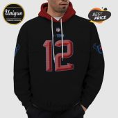 Black hoodie with a red hood featuring the number 12 in red, an NFL logo, and Houston Texans logos on the sleeves.!