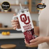 Oklahoma Sooners travel mug with the OU logo and 'Boomer Sooner' text.!