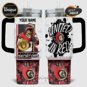 Ottawa Senators custom travel mug with a Spartan warrior and 'United in Red' design.!