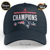 Dark blue baseball cap with the text 'American Football Conference Champions' and the Patriots logo.!