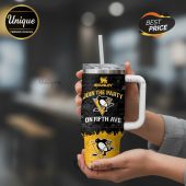 Pittsburgh Penguins themed tumbler with straw, handle, and 'Join the Party on Fifth Ave' text design.!