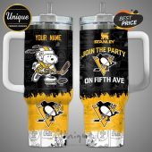 Customizable tumbler featuring Peanuts characters in Pittsburgh Penguins gear with 'Join the Party on Fifth Ave' text.!