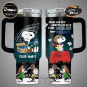 Customizable tumbler with Snoopy, Eagles logo, Bud Light, and space for a name!