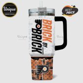 Brick By Brick Philadelphia Flyers hockey tumbler with team logos and hockey equipment pattern.!