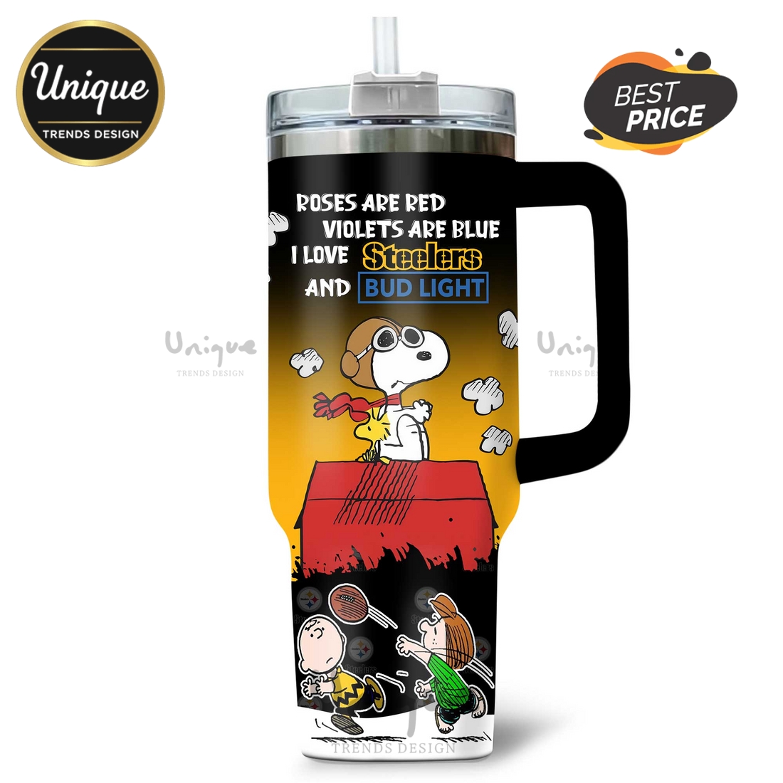 Pittsburgh Steelers Snoopy Bud Light Personalized 40oz Tumbler Pittsburgh Steelers Snoopy Bud Light Personalized 40oz Tumbler