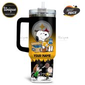 Tumbler featuring Snoopy with a Steelers logo, football, Bud Light, and Charlie Brown characters!