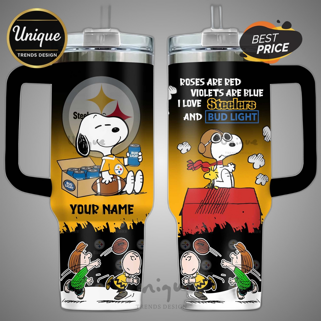 Pittsburgh Steelers Snoopy Bud Light Personalized 40oz Tumbler Pittsburgh Steelers Snoopy Bud Light Personalized 40oz Tumbler