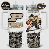 Purdue Boilermakers tumbler featuring team logo, customizable name, and cartoon basketball player.!