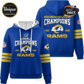 Blue hoodie with 'Champions', '2025', '2026' and 'Rams' text, NFL logo and team logo.!