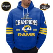 Blue hoodie with 'Champions' text, NFL Championship trophy, LA Rams logo, and '2025' & '2026' dates.!