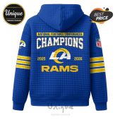 Blue hoodie with Los Angeles Rams 'Champions' design for 2025-2026 season, NFL logo on sleeve.!