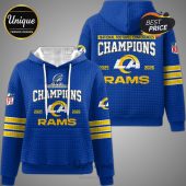 Blue Rams Champions hoodie featuring 'National Football Conferences Champions 2025 2026' text and the team logo.!