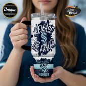 Release the Kraken tumbler with the Seattle Kraken logo on a white and blue background.!