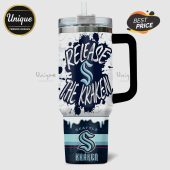 Tumbler with 'Release the Kraken' and Seattle Kraken logos, with a splash design.!