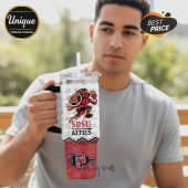 SDSU Aztecs tumbler featuring the team's logo, colors, and mascot on a stainless steel cup with handle and straw.!