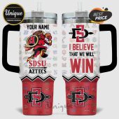 SDSU Aztecs themed tumbler with a black handle, displaying college logos and the phrase: I Believe That We Will Win.!