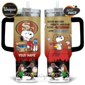 Customizable tumbler featuring Snoopy, the 49ers logo, and Bud Light graphics!