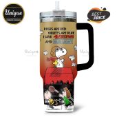 Tumbler with Snoopy on his dog house, 49ers football logo, and text: Roses are red, violets are blue, I love 49ers and Bud Light.!