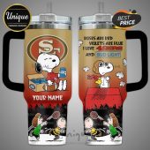 Tumbler features Snoopy with 49ers and Bud Light theme, including space for a custom name.!