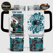 Two-sided mug featuring the San Jose Sharks logo and a cartoon shark with custom name option.!