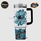 San Jose Sharks insulated tumbler with straw and handle featuring 'Sharks for Life' design.!