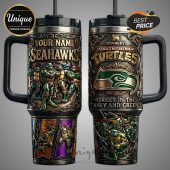 Stanley tumbler featuring Teenage Mutant Ninja Turtles and Seahawks theme with customizable name.!