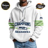 White hoodie with Seattle Seahawks 'Champions 2025-2026' design. NFL logo on sleeve.!