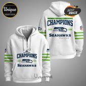 White zip-up hoodie with Seahawks Champions design, years 2025-2026, with the NFL logo on the sleeves.!