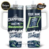 Tumbler shows 'Champions 2025-2026' and '2025 NFC Champions' for the Seattle Seahawks with 'We are 12' design, customizable with a name.!