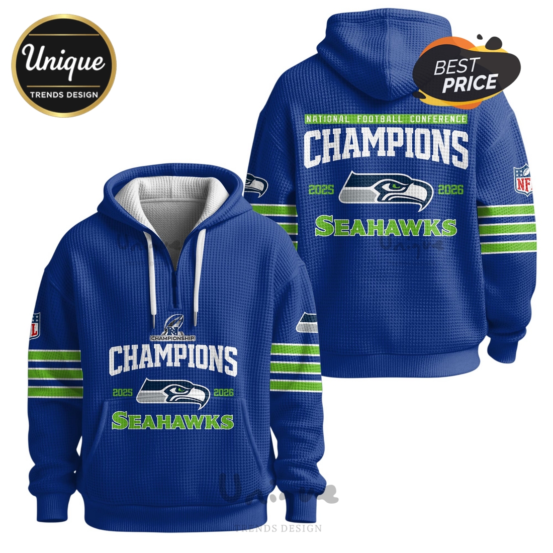 Seattle Seahawks 2025-2026 NFC Champions Zip Waffle Hoodie Seattle Seahawks 2025-2026 NFC Champions Zip Waffle Hoodie