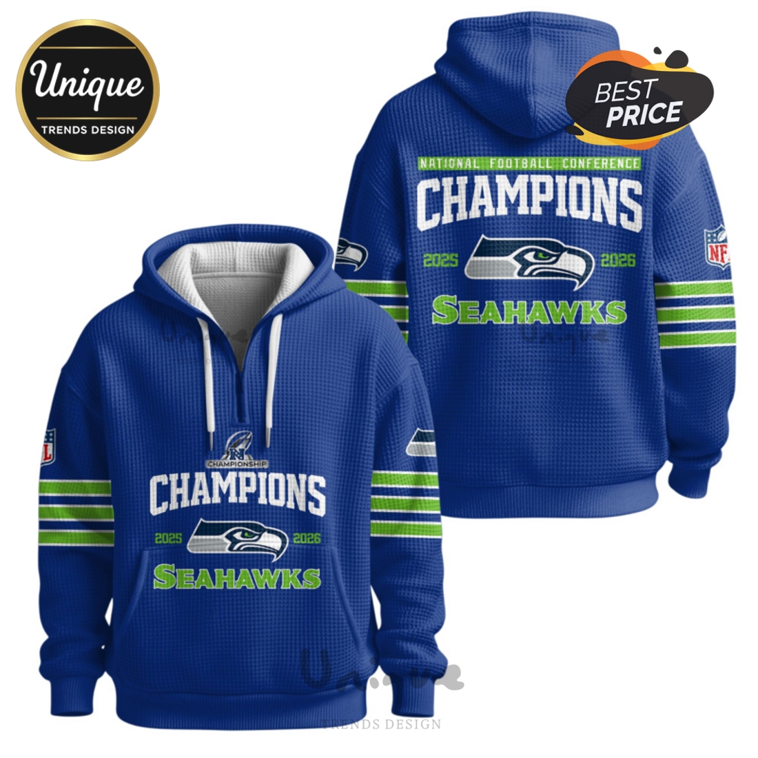 Seattle Seahawks 2025-2026 NFC Champions Zip Waffle Hoodie Seattle Seahawks 2025-2026 NFC Champions Zip Waffle Hoodie