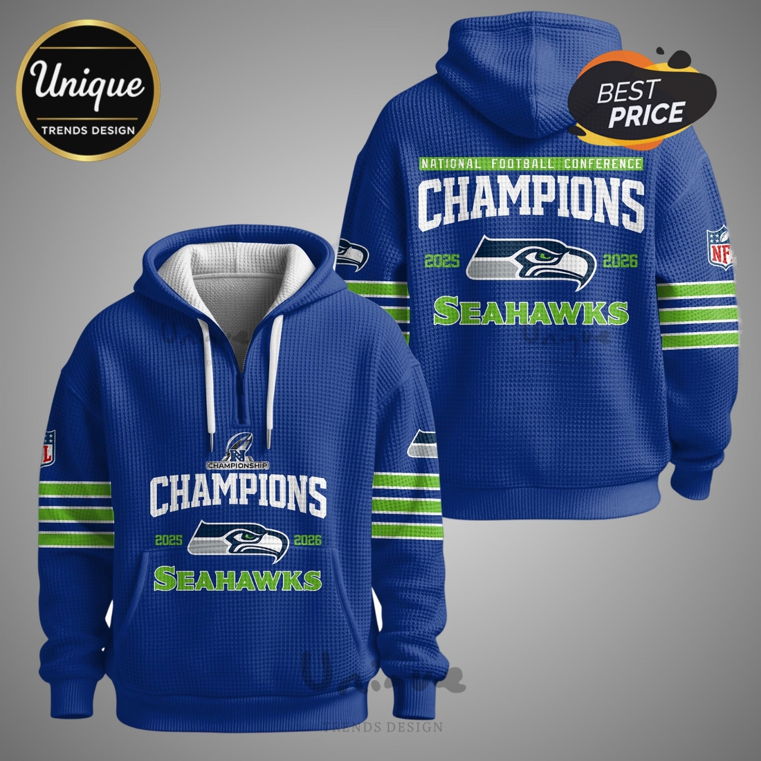 Seattle Seahawks 2025-2026 NFC Champions Zip Waffle Hoodie Seattle Seahawks 2025-2026 NFC Champions Zip Waffle Hoodie