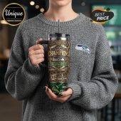 Seattle Seahawks 2025 NFC Champions tumbler with handle and straw, held by a person wearing a Seahawks patch sweater.!