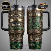 Two-sided mug featuring the Seattle Seahawks, text 