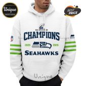 White hoodie with Seattle Seahawks championship design and years 2025 and 2026.!