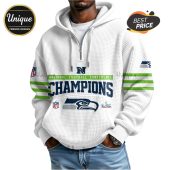 White waffle-knit zip-up hoodie with Seattle Seahawks 'Champions' design featuring the team logo.!