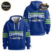 Blue hoodie with 'National Football Conference Champions' text and the Seattle Seahawks logo.!