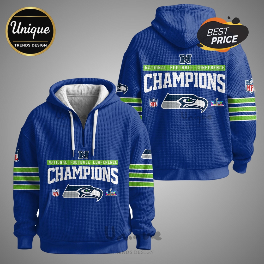 Seattle Seahawks National Football Conference Zip Waffle Hoodie Seattle Seahawks National Football Conference Zip Waffle Hoodie